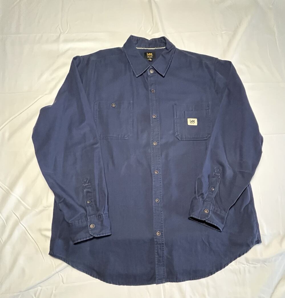 Lee Regular Fit Work Shirt Mens XXL Blue Long Sleeve Button Front Cotton Utility